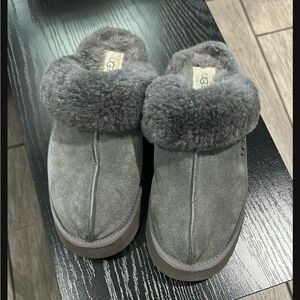 UGG Charcoal Suede Fur-Lined Mules